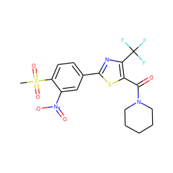 CS(=O)(=O)c1ccc(-c2nc(C(F)(F)F)c(C(=O)N3CCCCC3)s2)cc1[N+](=O)[O-] ZINC000084690420