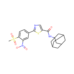 CS(=O)(=O)c1ccc(-c2ncc(C(=O)NC34CC5CC(CC(C5)C3)C4)s2)cc1[N+](=O)[O-] ZINC000084690550