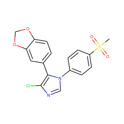 CS(=O)(=O)c1ccc(-n2cnc(Cl)c2-c2ccc3c(c2)OCO3)cc1 ZINC000000592939