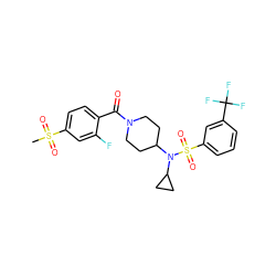 CS(=O)(=O)c1ccc(C(=O)N2CCC(N(C3CC3)S(=O)(=O)c3cccc(C(F)(F)F)c3)CC2)c(F)c1 ZINC000103251066