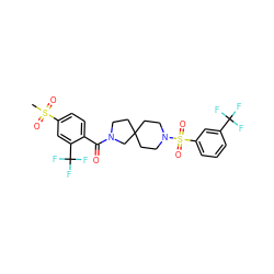 CS(=O)(=O)c1ccc(C(=O)N2CCC3(CCN(S(=O)(=O)c4cccc(C(F)(F)F)c4)CC3)C2)c(C(F)(F)F)c1 ZINC000103251122