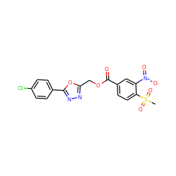 CS(=O)(=O)c1ccc(C(=O)OCc2nnc(-c3ccc(Cl)cc3)o2)cc1[N+](=O)[O-] ZINC000002643836