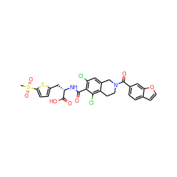 CS(=O)(=O)c1ccc(C[C@H](NC(=O)c2c(Cl)cc3c(c2Cl)CCN(C(=O)c2ccc4ccoc4c2)C3)C(=O)O)s1 ZINC000072126783