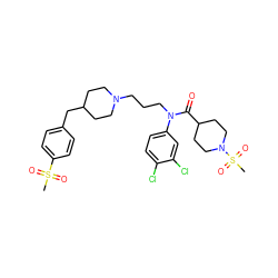 CS(=O)(=O)c1ccc(CC2CCN(CCCN(C(=O)C3CCN(S(C)(=O)=O)CC3)c3ccc(Cl)c(Cl)c3)CC2)cc1 ZINC000049937669