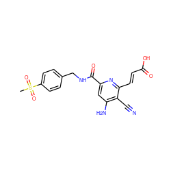 CS(=O)(=O)c1ccc(CNC(=O)c2cc(N)c(C#N)c(/C=C/C(=O)O)n2)cc1 ZINC000038151272