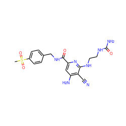 CS(=O)(=O)c1ccc(CNC(=O)c2cc(N)c(C#N)c(NCCNC(N)=O)n2)cc1 ZINC000038151262