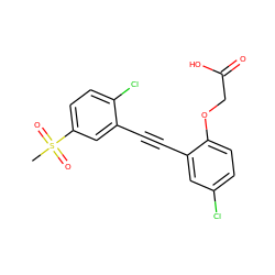 CS(=O)(=O)c1ccc(Cl)c(C#Cc2cc(Cl)ccc2OCC(=O)O)c1 ZINC000073166255