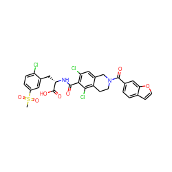 CS(=O)(=O)c1ccc(Cl)c(C[C@H](NC(=O)c2c(Cl)cc3c(c2Cl)CCN(C(=O)c2ccc4ccoc4c2)C3)C(=O)O)c1 ZINC000084654206