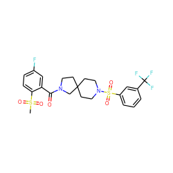 CS(=O)(=O)c1ccc(F)cc1C(=O)N1CCC2(CCN(S(=O)(=O)c3cccc(C(F)(F)F)c3)CC2)C1 ZINC000103251105