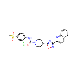 CS(=O)(=O)c1ccc(NC(=O)N2CCC(c3nc(-c4ccc5ccccc5n4)no3)CC2)c(Cl)c1 ZINC000072179659