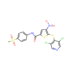 CS(=O)(=O)c1ccc(NC(=O)c2cc([N+](=O)[O-])c(Sc3c(Cl)cncc3Cl)s2)cc1 ZINC000068250456