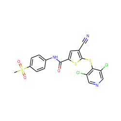 CS(=O)(=O)c1ccc(NC(=O)c2cc(C#N)c(Sc3c(Cl)cncc3Cl)s2)cc1 ZINC000095578996