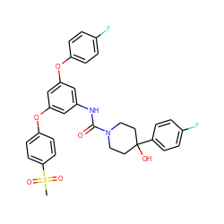 CS(=O)(=O)c1ccc(Oc2cc(NC(=O)N3CCC(O)(c4ccc(F)cc4)CC3)cc(Oc3ccc(F)cc3)c2)cc1 ZINC000224426789