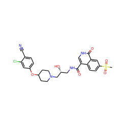 CS(=O)(=O)c1ccc2c(C(=O)NC[C@@H](O)CN3CCC(Oc4ccc(C#N)c(Cl)c4)CC3)c[nH]c(=O)c2c1 ZINC000095559778