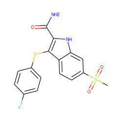 CS(=O)(=O)c1ccc2c(Sc3ccc(F)cc3)c(C(N)=O)[nH]c2c1 ZINC000028374354