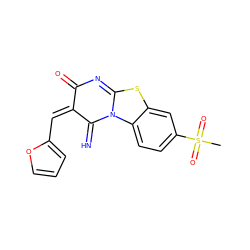 CS(=O)(=O)c1ccc2c(c1)SC1=NC(=O)/C(=C/c3ccco3)C(=N)N12 ZINC000013477931