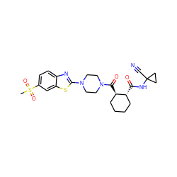 CS(=O)(=O)c1ccc2nc(N3CCN(C(=O)[C@@H]4CCCC[C@H]4C(=O)NC4(C#N)CC4)CC3)sc2c1 ZINC000084672078