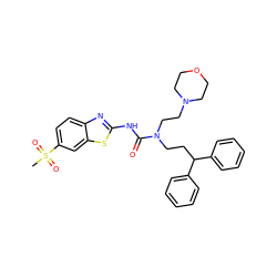 CS(=O)(=O)c1ccc2nc(NC(=O)N(CCC(c3ccccc3)c3ccccc3)CCN3CCOCC3)sc2c1 ZINC000096258250