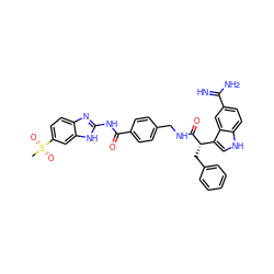 CS(=O)(=O)c1ccc2nc(NC(=O)c3ccc(CNC(=O)[C@@H](Cc4ccccc4)c4c[nH]c5ccc(C(=N)N)cc45)cc3)[nH]c2c1 ZINC000028394202