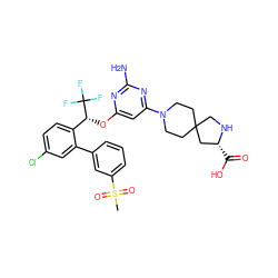 CS(=O)(=O)c1cccc(-c2cc(Cl)ccc2[C@@H](Oc2cc(N3CCC4(CC3)CN[C@H](C(=O)O)C4)nc(N)n2)C(F)(F)F)c1 ZINC000584905458