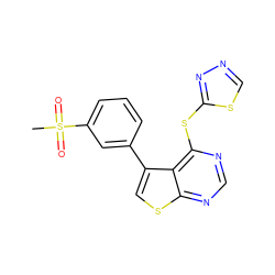 CS(=O)(=O)c1cccc(-c2csc3ncnc(Sc4nncs4)c23)c1 ZINC000114808294