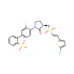 CS(=O)(=O)c1ccccc1-c1ccc(N2CC[C@@H](NS(=O)(=O)/C=C/c3ccc(Cl)s3)C2=O)c(F)c1 ZINC000028979531