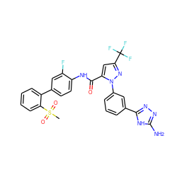 CS(=O)(=O)c1ccccc1-c1ccc(NC(=O)c2cc(C(F)(F)F)nn2-c2cccc(-c3nnc(N)[nH]3)c2)c(F)c1 ZINC000001551488