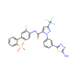 CS(=O)(=O)c1ccccc1-c1ccc(NC(=O)c2cc(C(F)(F)F)nn2-c2cccc(-c3nnc(N)s3)c2)c(F)c1 ZINC000003965891