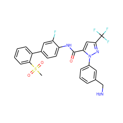 CS(=O)(=O)c1ccccc1-c1ccc(NC(=O)c2cc(C(F)(F)F)nn2-c2cccc(CN)c2)c(F)c1 ZINC000001490578