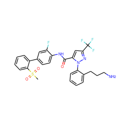 CS(=O)(=O)c1ccccc1-c1ccc(NC(=O)c2cc(C(F)(F)F)nn2-c2ccccc2CCCN)c(F)c1 ZINC000027562300