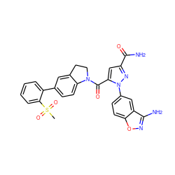 CS(=O)(=O)c1ccccc1-c1ccc2c(c1)CCN2C(=O)c1cc(C(N)=O)nn1-c1ccc2onc(N)c2c1 ZINC000028959503