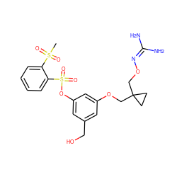 CS(=O)(=O)c1ccccc1S(=O)(=O)Oc1cc(CO)cc(OCC2(CON=C(N)N)CC2)c1 ZINC000013489469