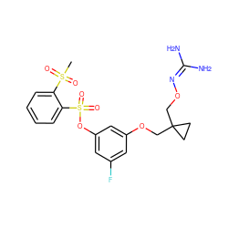 CS(=O)(=O)c1ccccc1S(=O)(=O)Oc1cc(F)cc(OCC2(CON=C(N)N)CC2)c1 ZINC000013489470