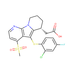 CS(=O)(=O)c1ccnc2c1c(Sc1ccc(F)cc1Cl)c1n2CCC[C@@H]1CC(=O)O ZINC000040409424