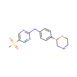 CS(=O)(=O)c1cnc(Nc2ccc([C@H]3CNCCO3)cc2)nc1 ZINC000149968497