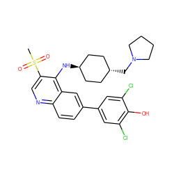 CS(=O)(=O)c1cnc2ccc(-c3cc(Cl)c(O)c(Cl)c3)cc2c1N[C@H]1CC[C@H](CN2CCCC2)CC1 ZINC000473197852