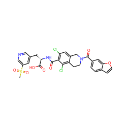 CS(=O)(=O)c1cncc(C[C@H](NC(=O)c2c(Cl)cc3c(c2Cl)CCN(C(=O)c2ccc4ccoc4c2)C3)C(=O)O)c1 ZINC000084670134