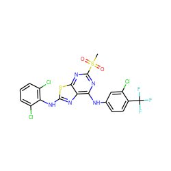 CS(=O)(=O)c1nc(Nc2ccc(C(F)(F)F)c(Cl)c2)c2nc(Nc3c(Cl)cccc3Cl)sc2n1 ZINC000044387994