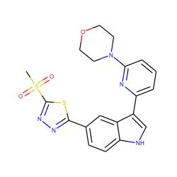 CS(=O)(=O)c1nnc(-c2ccc3[nH]cc(-c4cccc(N5CCOCC5)n4)c3c2)s1 ZINC000204752825