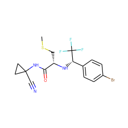 CSC[C@H](N[C@@H](c1ccc(Br)cc1)C(F)(F)F)C(=O)NC1(C#N)CC1 ZINC000014971105