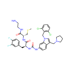 CSC[C@H](NC(=O)[C@H](Cc1ccc(F)c(F)c1)NC(=O)Nc1ccc2c(CN3CCCC3)cn(Cc3c(Cl)cccc3Cl)c2c1)C(=O)NCCN ZINC000095614369