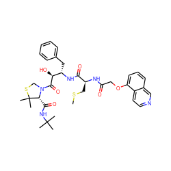 CSC[C@H](NC(=O)COc1cccc2cnccc12)C(=O)N[C@@H](Cc1ccccc1)[C@H](O)C(=O)N1CSC(C)(C)[C@H]1C(=O)NC(C)(C)C ZINC000003915520