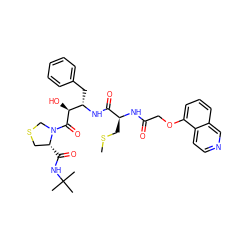 CSC[C@H](NC(=O)COc1cccc2cnccc12)C(=O)N[C@@H](Cc1ccccc1)[C@H](O)C(=O)N1CSC[C@H]1C(=O)NC(C)(C)C ZINC000003915521