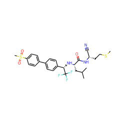 CSCC[C@@H](C#N)NC(=O)[C@H](CC(C)C)N[C@@H](c1ccc(-c2ccc(S(C)(=O)=O)cc2)cc1)C(F)(F)F ZINC000028951349