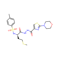 CSCC[C@@H](NS(=O)(=O)c1ccc(C)cc1)C(=O)NNC(=O)c1csc(N2CCOCC2)n1 ZINC000015934955