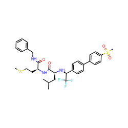 CSCC[C@H](NC(=O)[C@H](CC(C)C)N[C@@H](c1ccc(-c2ccc(S(C)(=O)=O)cc2)cc1)C(F)(F)F)C(=O)NCc1ccccc1 ZINC000028951369