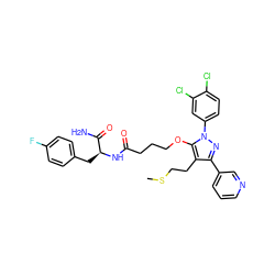 CSCCc1c(-c2cccnc2)nn(-c2ccc(Cl)c(Cl)c2)c1OCCCC(=O)N[C@@H](Cc1ccc(F)cc1)C(N)=O ZINC001772608311