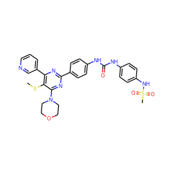 CSc1c(-c2cccnc2)nc(-c2ccc(NC(=O)Nc3ccc(NS(C)(=O)=O)cc3)cc2)nc1N1CCOCC1 ZINC000118219926