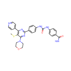 CSc1c(-c2ccncc2)nc(-c2ccc(NC(=O)Nc3ccc(C(N)=O)cc3)cc2)nc1N1CCOCC1 ZINC000118160792