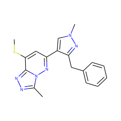 CSc1cc(-c2cn(C)nc2Cc2ccccc2)nn2c(C)nnc12 ZINC000213525631